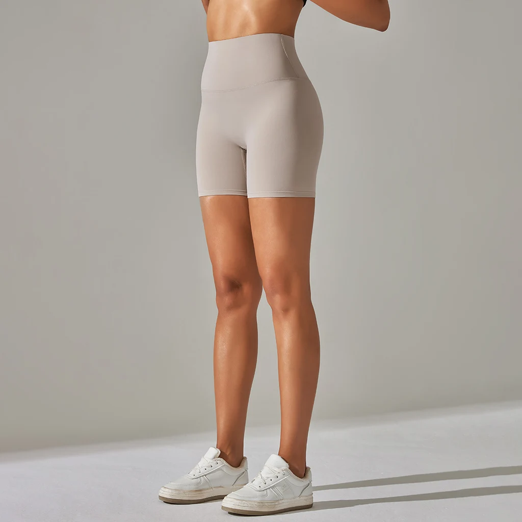 Women's Solid Color Double-sided Brocade Brushed Fitness High Waist Shorts - Sandstone Color