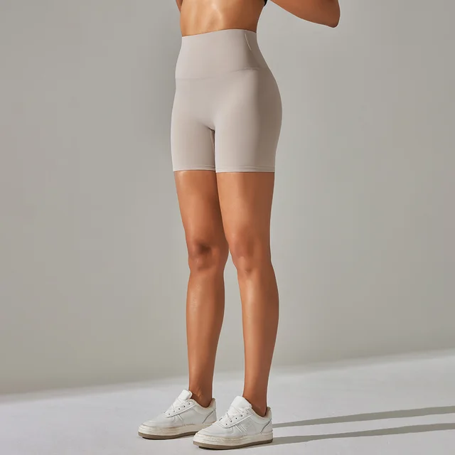 Women's Solid Color Double sided Brocade Brushed Fitness High Waist Shorts Sandstone Color - Shop at LoveMi