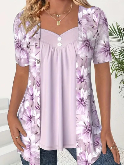 Fake Two Pieces Short Sleeve Printed Fashion Button Top Light Purple - Shop at LoveMi
