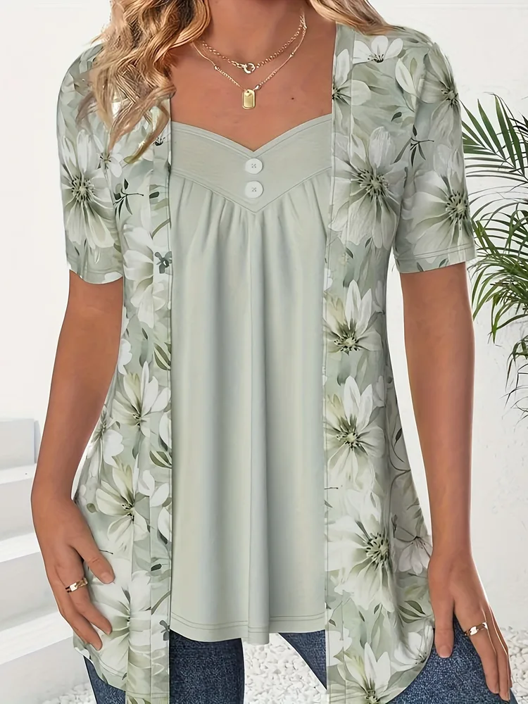 Fake Two Pieces Short Sleeve Printed Fashion Button Top - Yellow Green