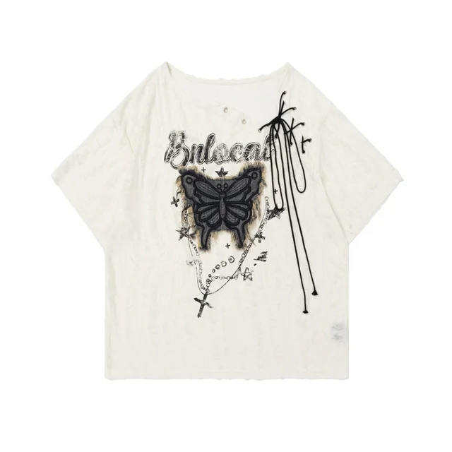 Women's Lace up Butterfly Affixed Cloth Embroidered Short sleeved T shirt Apricot - Shop at LoveMi