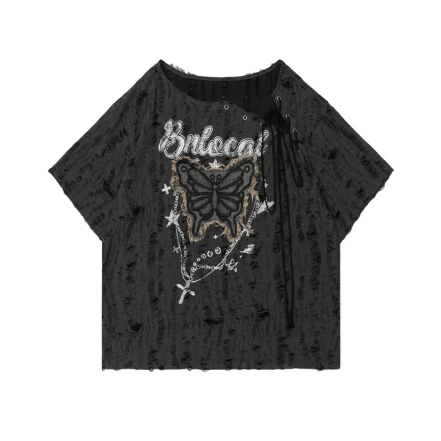 Women's Lace up Butterfly Affixed Cloth Embroidered Short sleeved T shirt Dark Gray - Shop at LoveMi