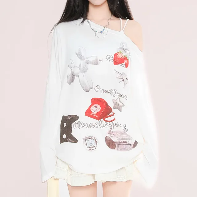 American One shoulder Cold shoulder Long Sleeve T shirt White - Shop at LoveMi