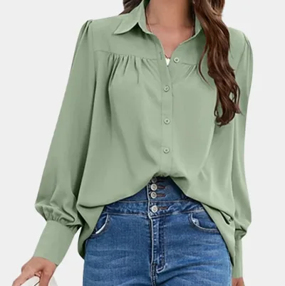Women's Solid Color Simple Chiffon Pleated Long sleeved Shirt Green - Shop at LoveMi