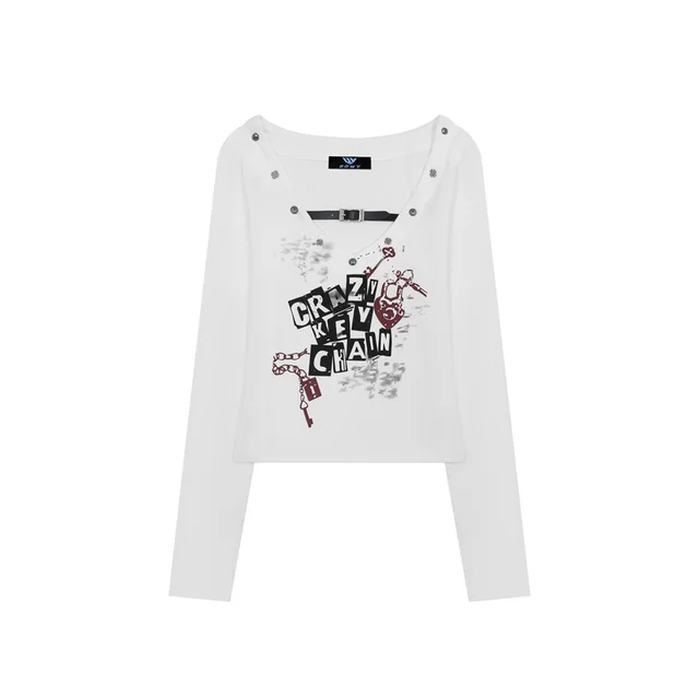 Punk Rivet V neck Shoulder Long Sleeve T shirt White - Shop at LoveMi