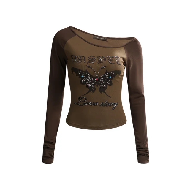 American Retro Beaded Printed Shoulder Long Sleeve T shirt Brown - Shop at LoveMi