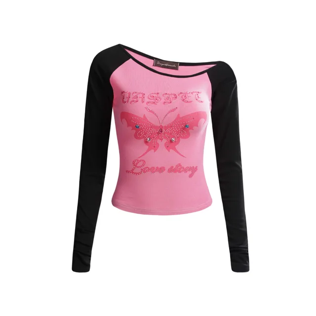 American Retro Beaded Printed Shoulder Long Sleeve T shirt Pink - Shop at LoveMi