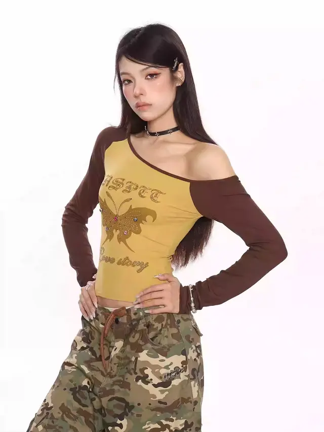 American Retro Beaded Printed Shoulder Long Sleeve T shirt Yellow - Shop at LoveMi