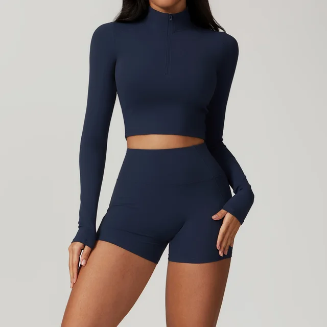 Tight Back Yoga Suit Outer Wear Casual Fitness Running Sports Skirt Long Sleeve Shorts Blue - Shop at LoveMi