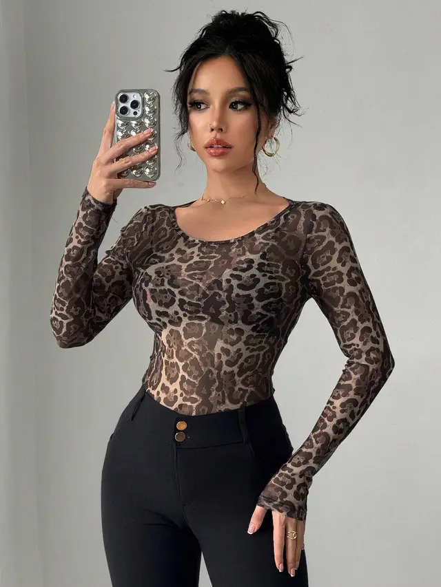 Transparent Leopard Mesh Round Neck Long Sleeved Fitted T shirt Brown - Shop at LoveMi