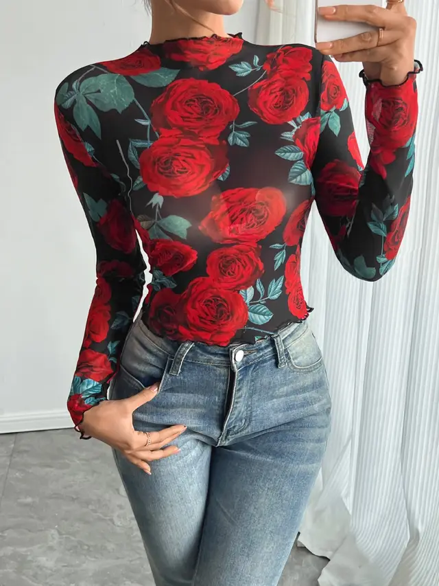 Transparent Rose Flower Print Long sleeved Small Stand Collar Net Red - Shop at LoveMi