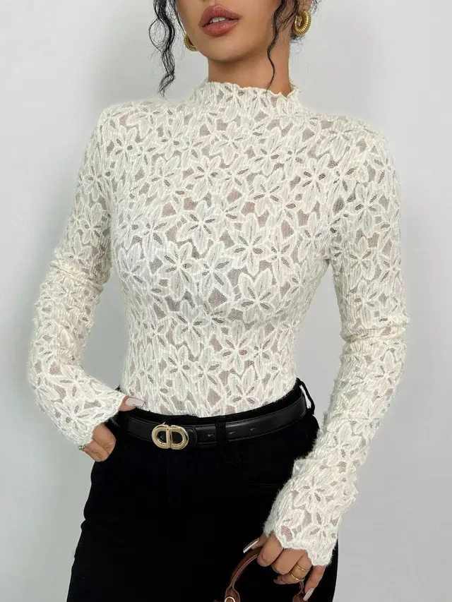 Ladies Wooden Ear Half Turtleneck Lace Slim T shirt Apricot - Shop at LoveMi
