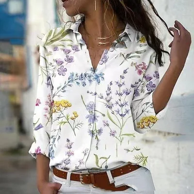 Fashion Printing Lapel Long Sleeve Shirt For Women 5Style M - Shop at LoveMi