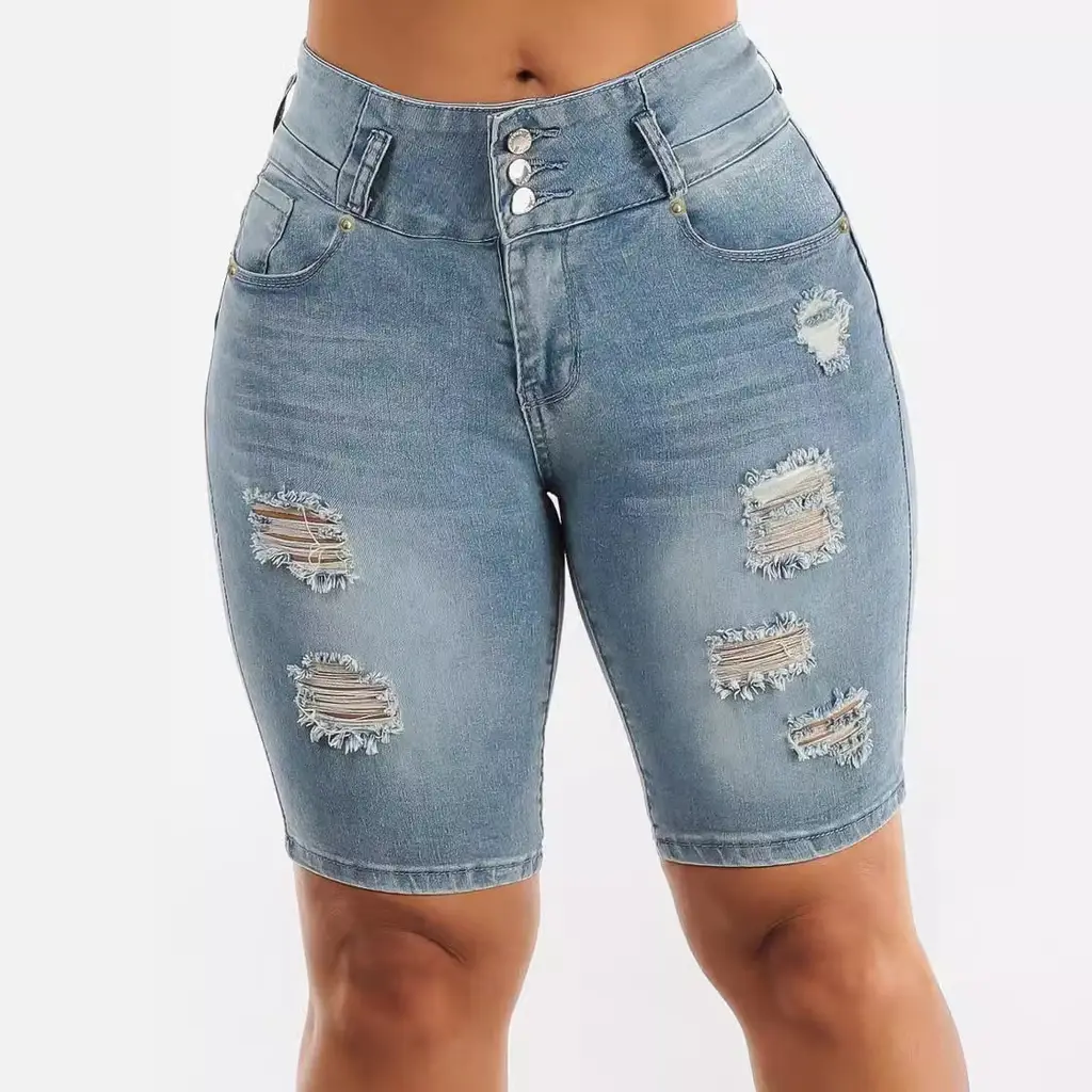 High Waist Ripped Denim Shorts Women's Hip Lifting Short-length Pants - Blue