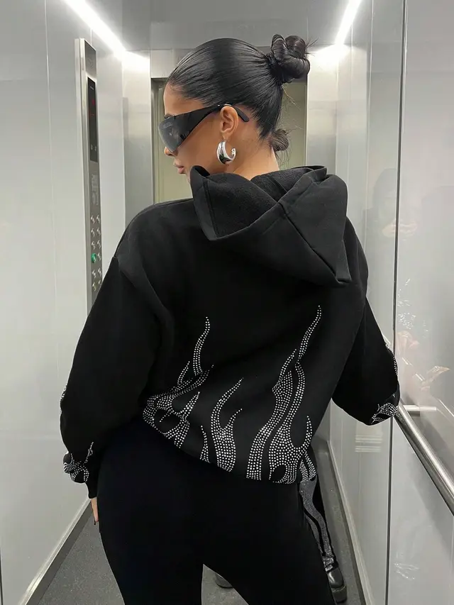 Street Trend Flame Rhinestone Loose Zip Hooded Sweater Black - Shop at LoveMi