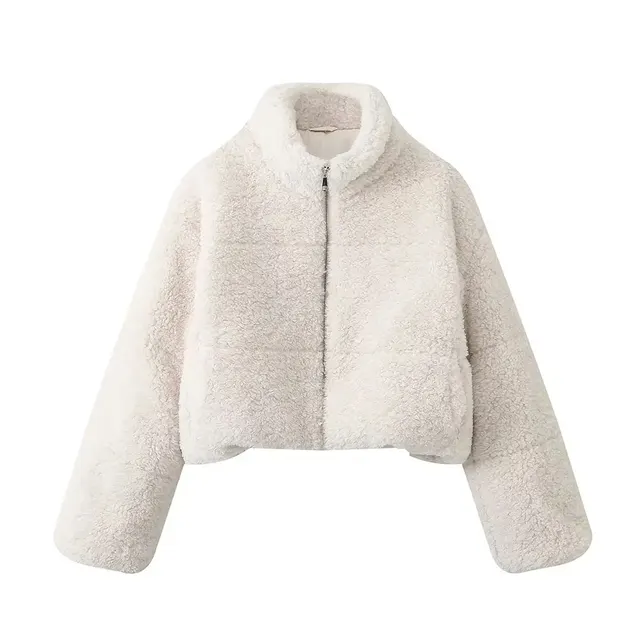 Fleece Short Cotton Jacket Jacket Coat - White