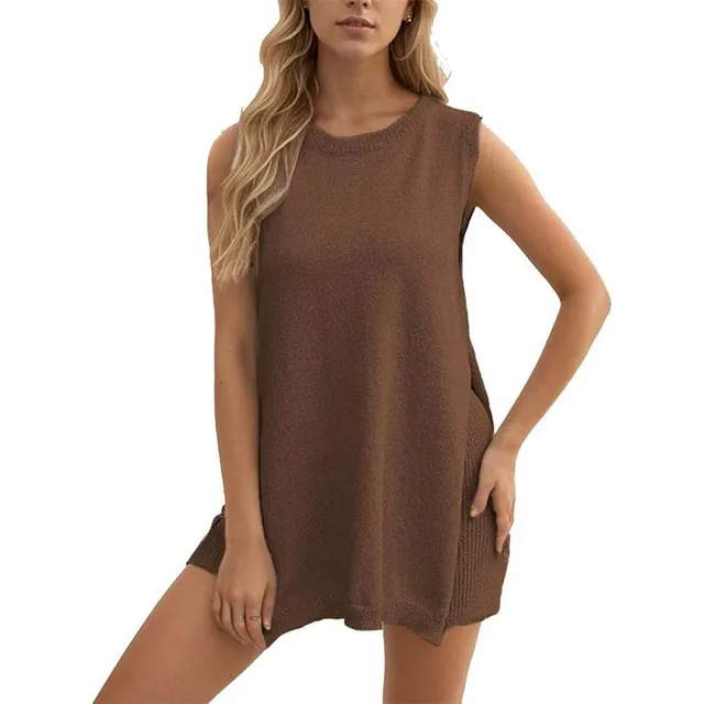 Casual Knitted Sleeveless Knitted Sleeveless Suit Dark Brown - Shop at LoveMi