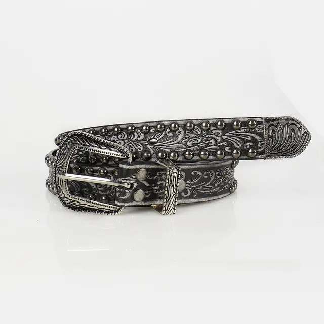 Women's Vintage Threading Rivet Embossed Pin Buckle Belt Silver Black - Shop at LoveMi