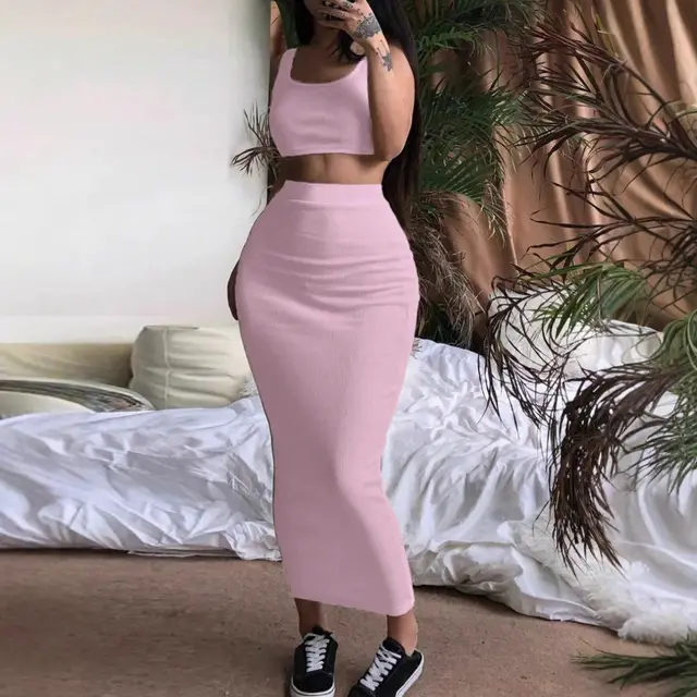 Women's Solid Color Fashion Slim fit Round Neck Sleeveless Dress Suit Pink - Shop at LoveMi