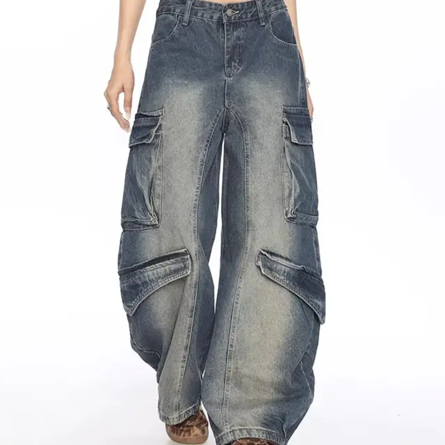 Washed Multi pocket Denim Matchet Pants Blue - Shop at LoveMi
