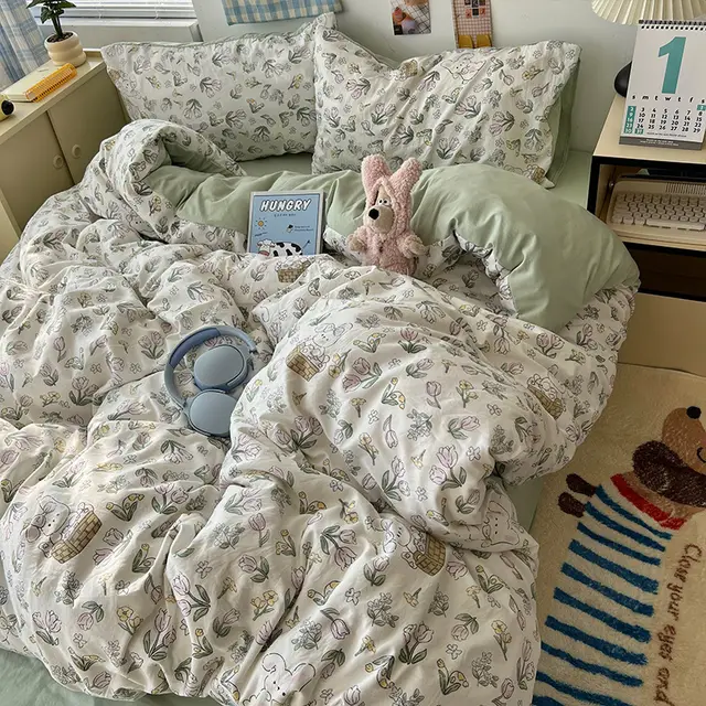 Washed Cotton Four piece Set Bed Sheet Quilt Cover Fitted Sheet Pure Adorable Rabbit - Shop at LoveMi