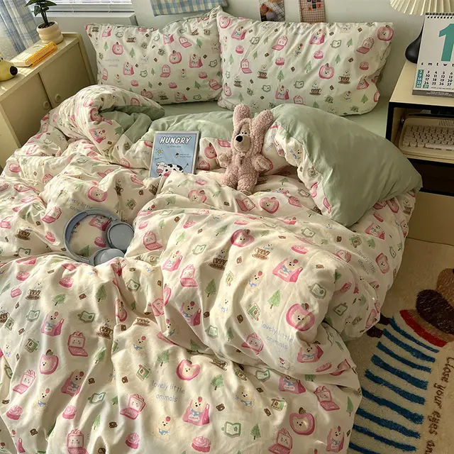 Washed Cotton Four piece Set Bed Sheet Quilt Cover Fitted Sheet Technology Cute Pet - Shop at LoveMi