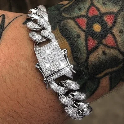 Simple Fashion And Fully jewelled Cuban Ins Style Hip Hop Geometric Bracelet Silver - Shop at LoveMi