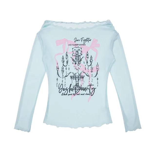 Women's American style Off shoulder Long sleeved T shirt Blue - Shop at LoveMi