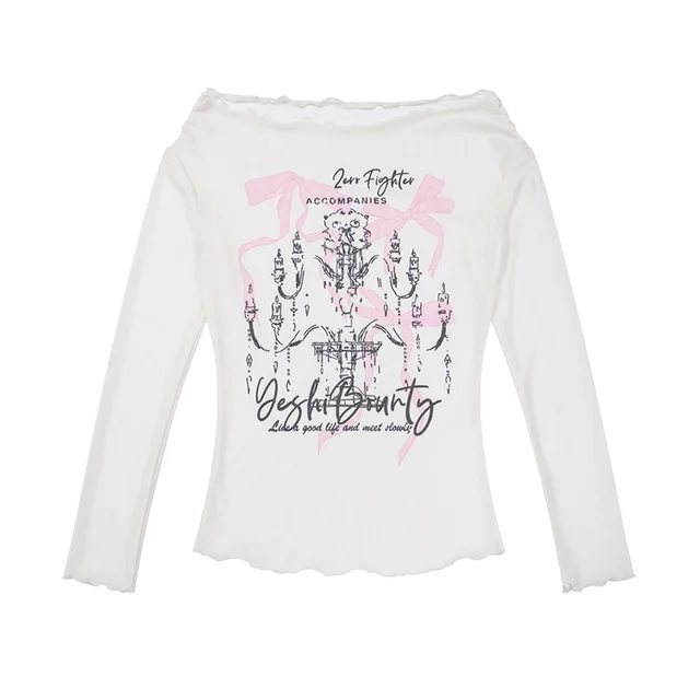 Women's American style Off shoulder Long sleeved T shirt White - Shop at LoveMi