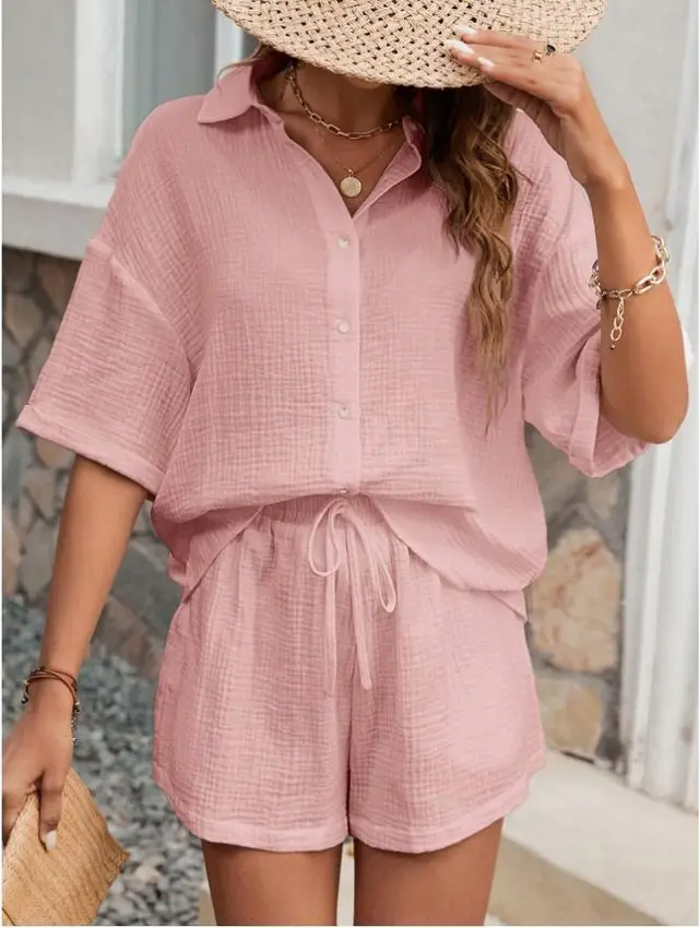 Women's Wear Sleeve Shirt Wide Leg Leisure Suit Pink - Shop at LoveMi