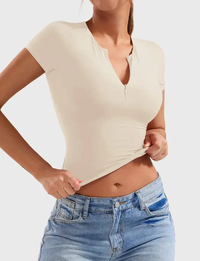 Slim Fit Fashion Yoga Short Sleeve Half Zip Top Apricot - Shop at LoveMi
