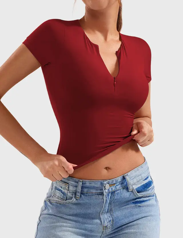 Slim Fit Fashion Yoga Short Sleeve Half Zip Top Red - Shop at LoveMi