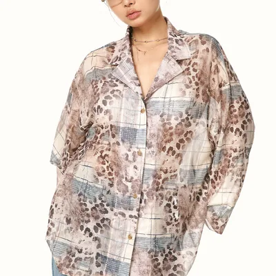 Leopard Print Wooden Ear Loose Fit Slimming Shirt Leopard Print - Shop at LoveMi