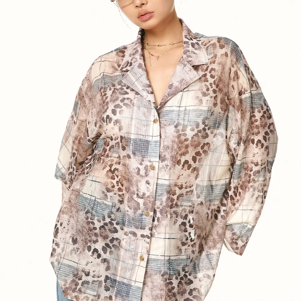 Leopard Print Wooden Ear Loose Fit Slimming Shirt - Leopard Print - View 1