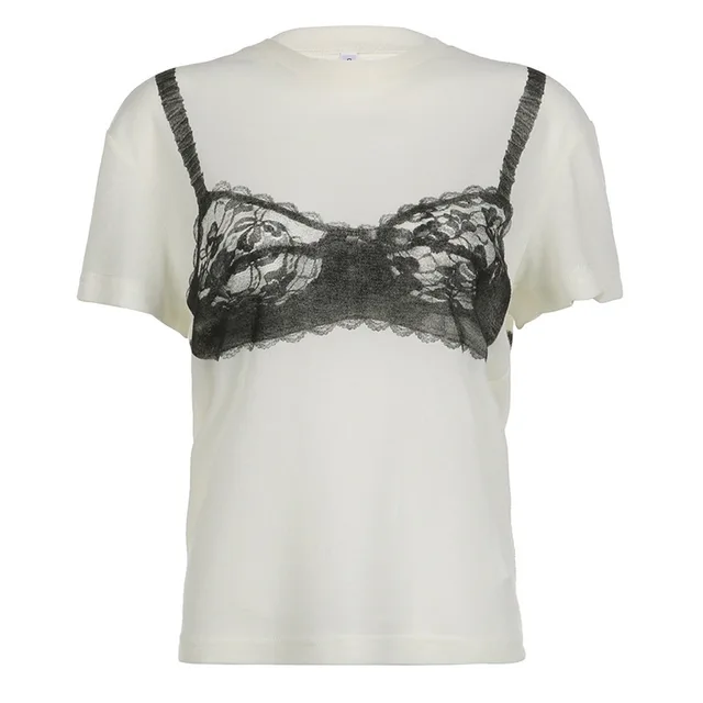 Women's Design Contrast Color Lace See through Corset Short Sleeve White - Shop at LoveMi