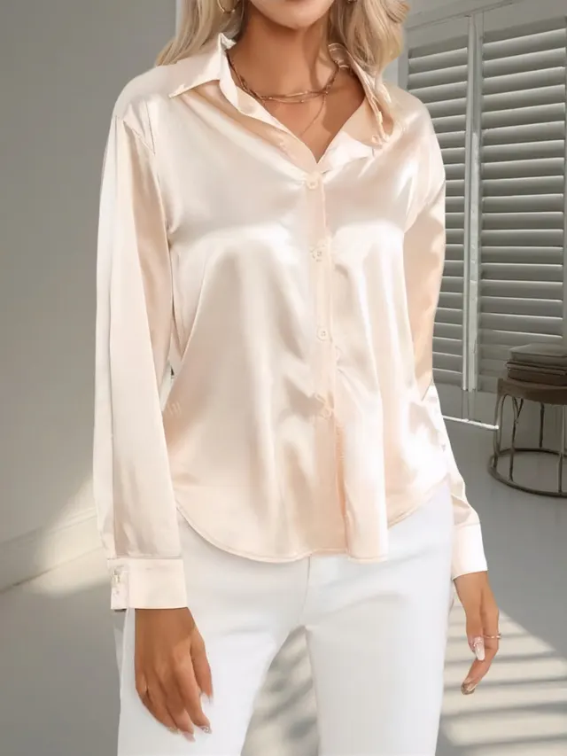 Women's Shirt Satin Silk like Long Sleeve Champagne - Shop at LoveMi
