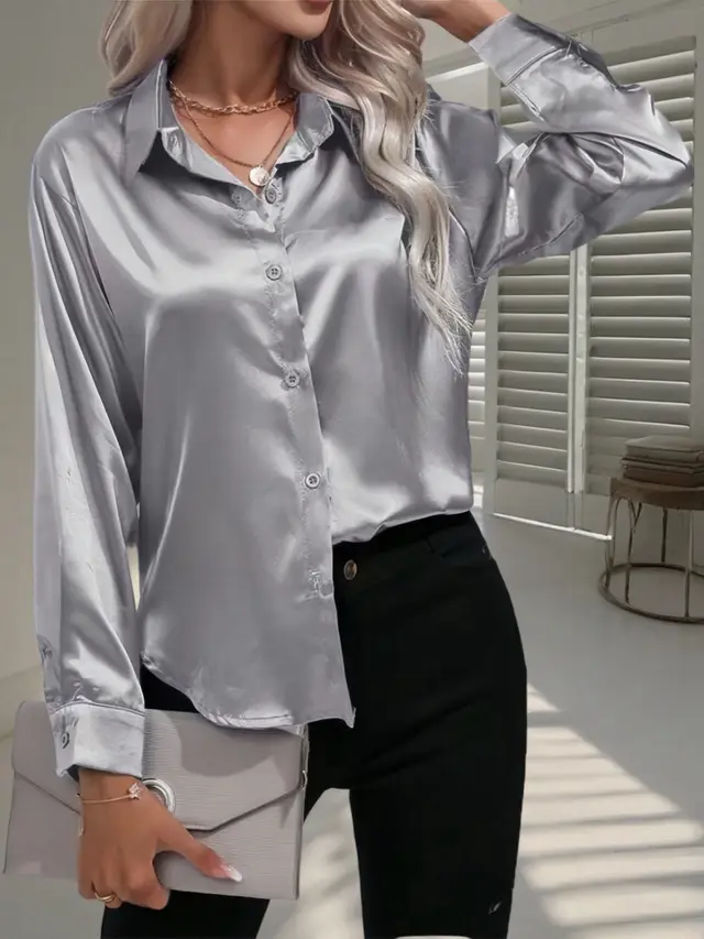 Women's Shirt Satin Silk like Long Sleeve Gray - Shop at LoveMi