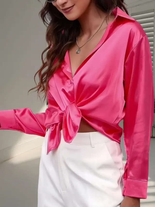 Women's Shirt Satin Silk like Long Sleeve Rose Red - Shop at LoveMi