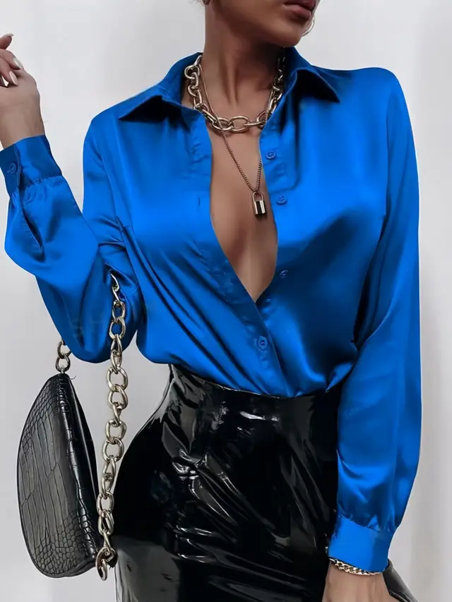 Women's Shirt Satin Silk like Long Sleeve Sapphire Blue - Shop at LoveMi