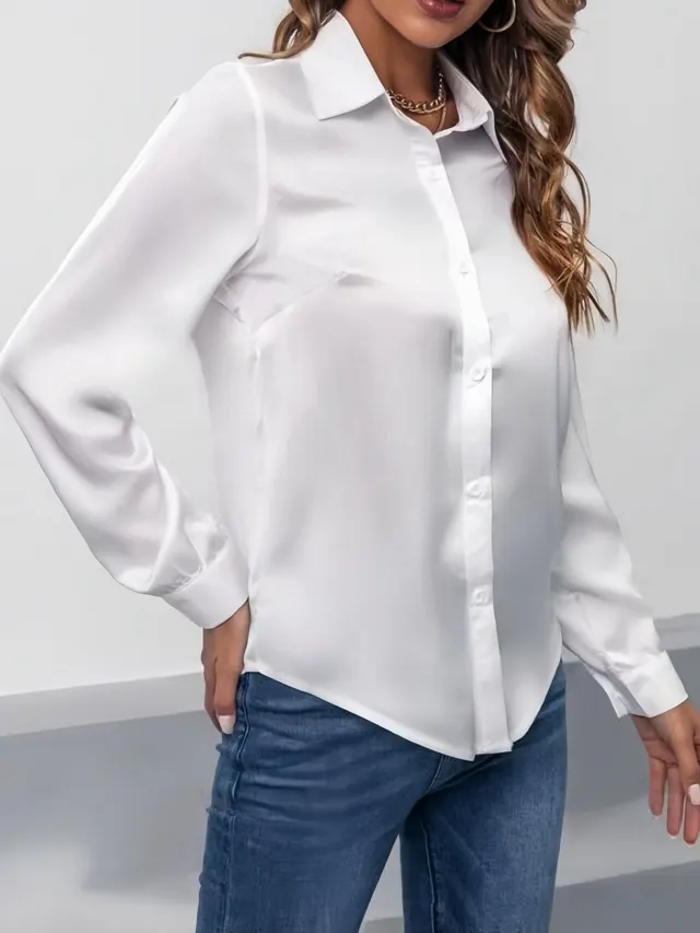 Women's Shirt Satin Silk like Long Sleeve White - Shop at LoveMi