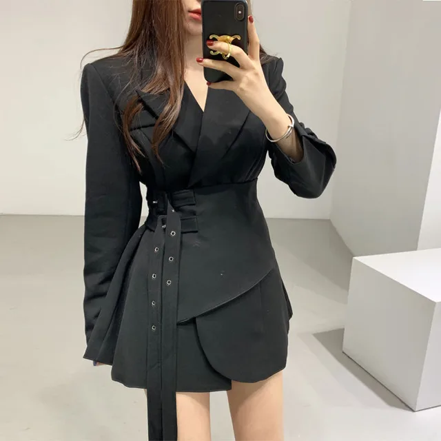 New Adjustable Double Belt Coat Female Slimming False Two piece Skirt Suit Black - Shop at LoveMi