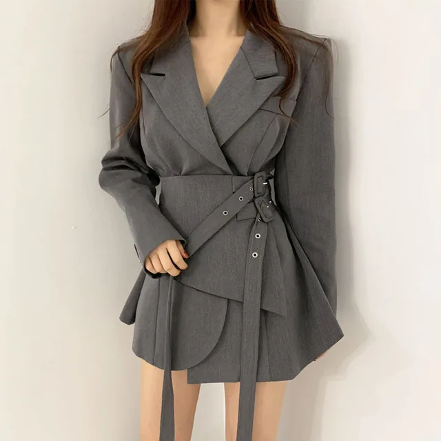 New Adjustable Double Belt Coat Female Slimming False Two piece Skirt Suit Gray - Shop at LoveMi