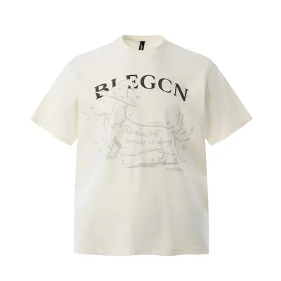 High Street American Cartoon Animal Letter Printed Round Neck Short Sleeve T shirt Apricot - Shop at LoveMi