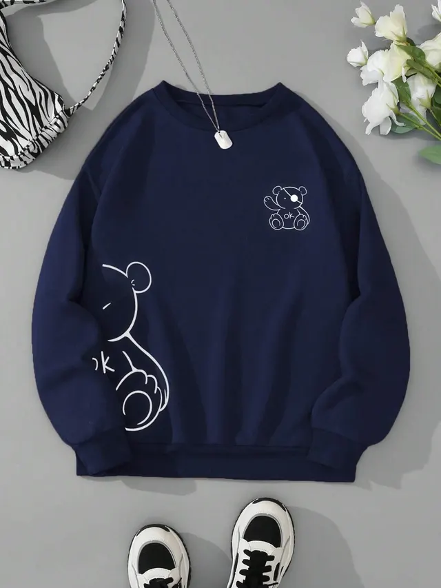 Kawaii OK Teddy Bear Printing Sweatshirts For Women Classic Darkblue - Shop at LoveMi