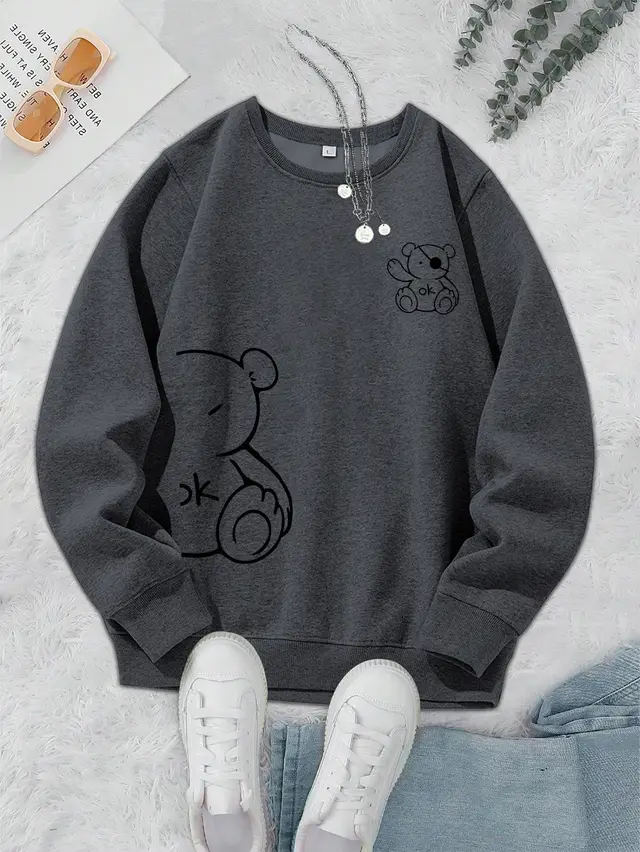 Kawaii OK Teddy Bear Printing Sweatshirts For Women Classic Darkgray - Shop at LoveMi