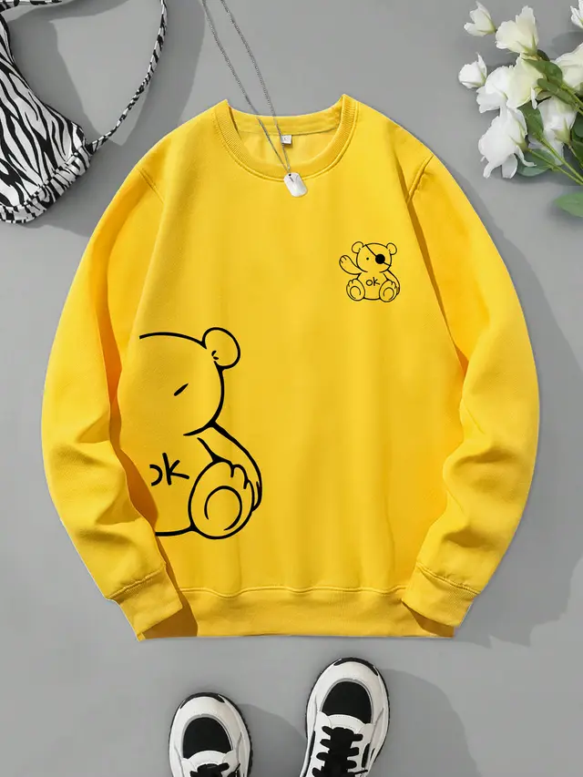 Kawaii OK Teddy Bear Printing Sweatshirts For Women Classic Yellow - Shop at LoveMi