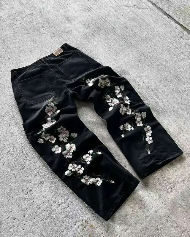 American Retro Washed Summer New Casual Loose Trousers Black Jeans Flowers - Shop at LoveMi