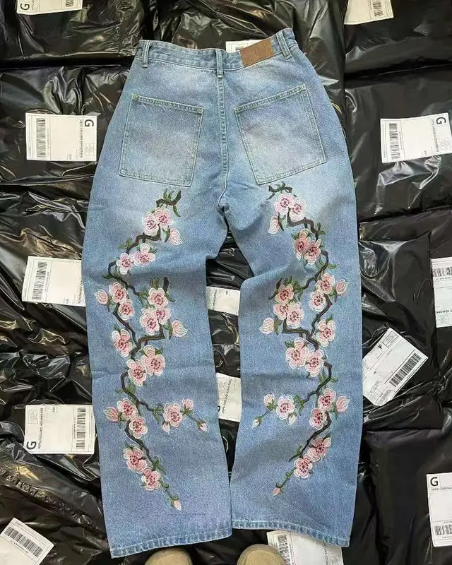 American Retro Washed Summer New Casual Loose Trousers Light Blue Jeans Flowers - Shop at LoveMi