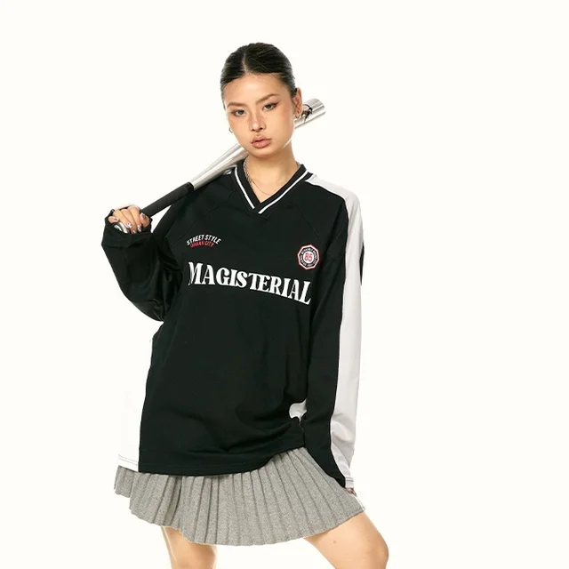 American Casual Letter Long Sleeve Stitching Raglan Sports Style Top Black - Shop at LoveMi