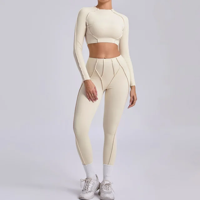 Women's Yoga Clothes Running Exercise Workout Outfit Beige - Shop at LoveMi
